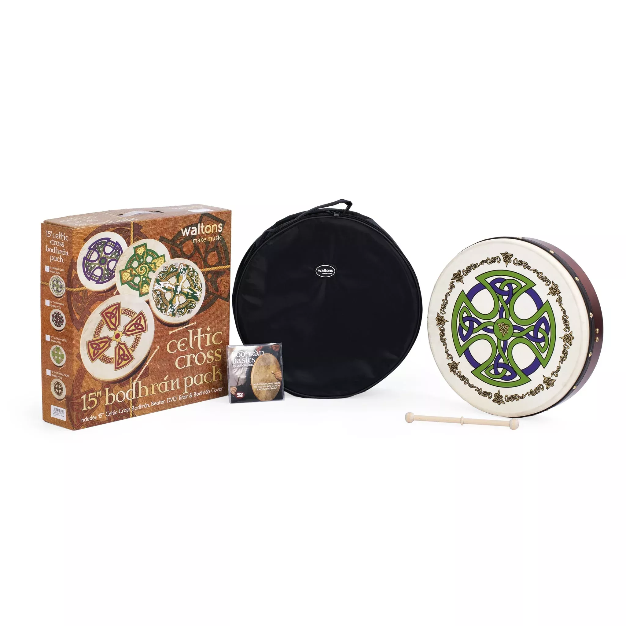 Percussion Plus bodhran 15″ Brosna Cross with bag, tipper and DVD (PP1137)