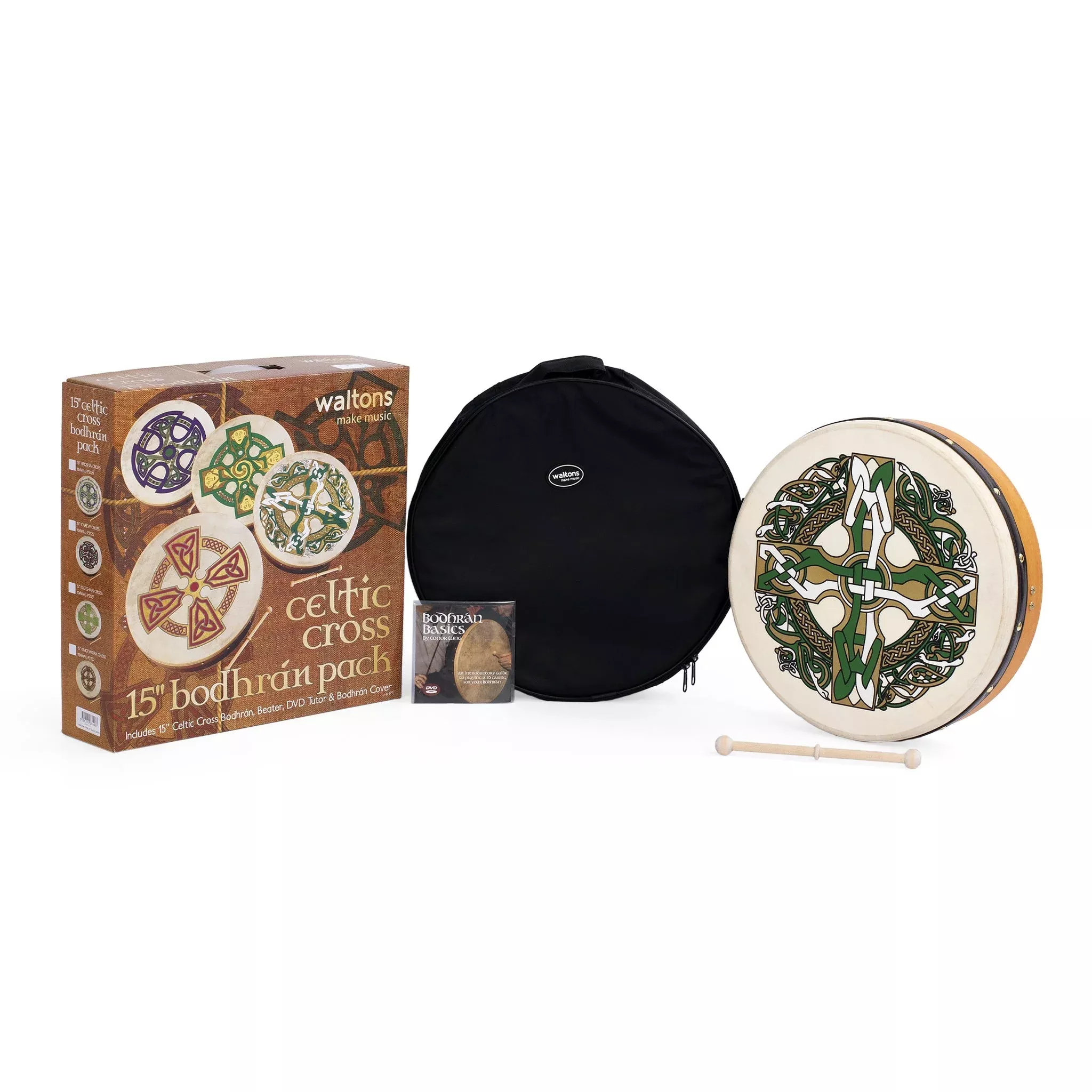 Percussion Plus bodhran 15″ Gaelic Cross with bag, tipper and DVD (PP1136)