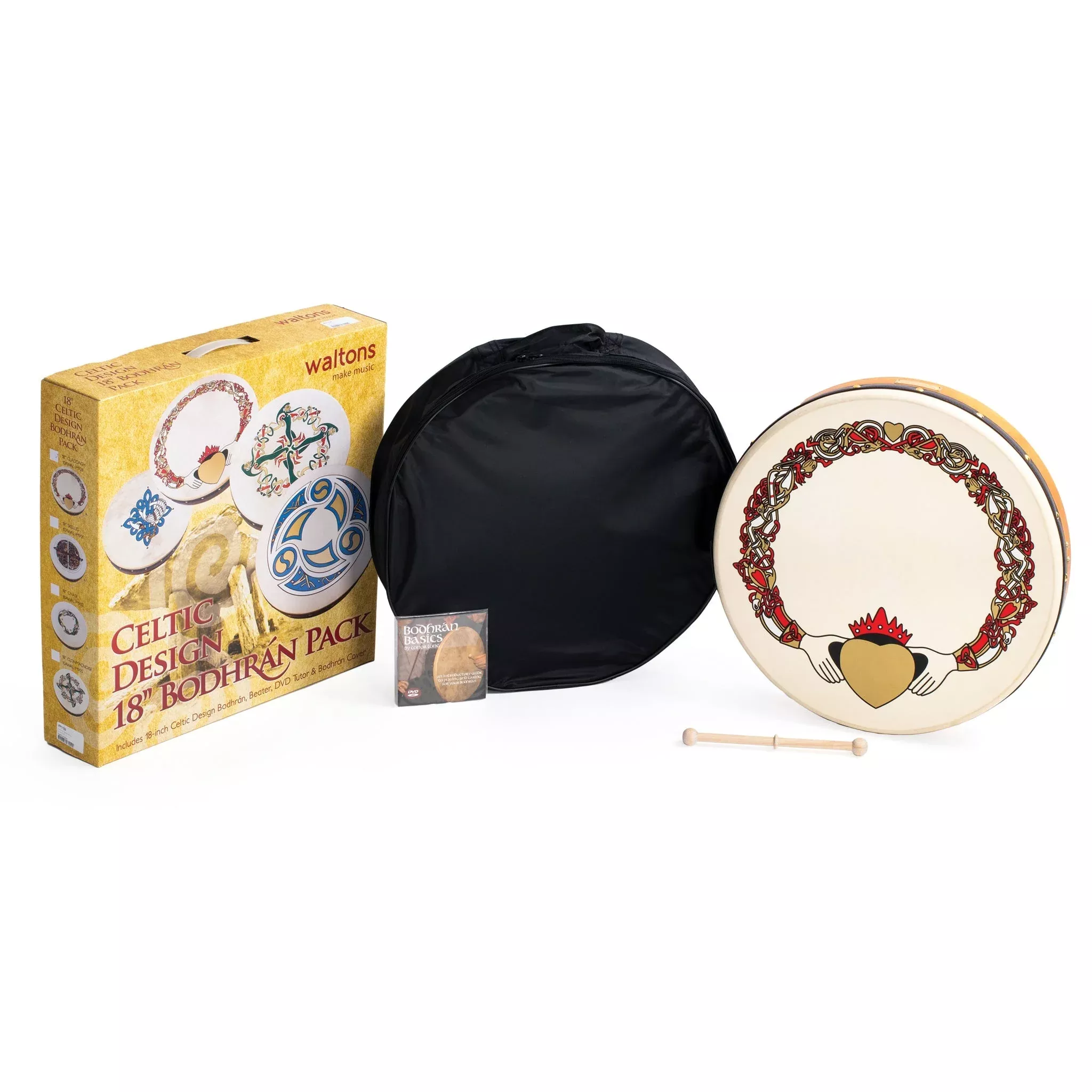 Percussion Plus bodhran 18″ Claddagh with bag, tipper and DVD (PP1109)