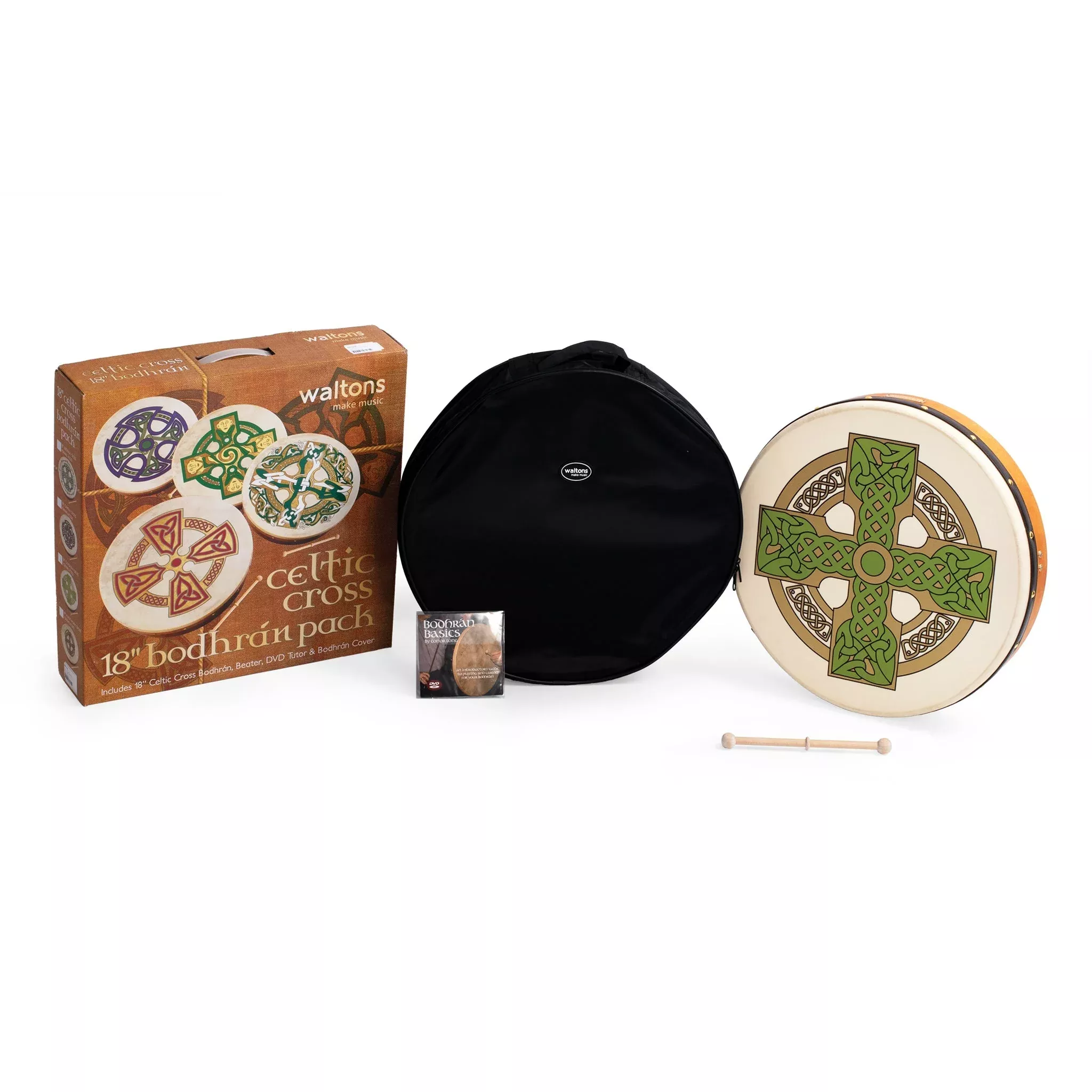 Percussion Plus bodhran 18″ Cloghan Cross with bag, tipper and DVD (PP1117)