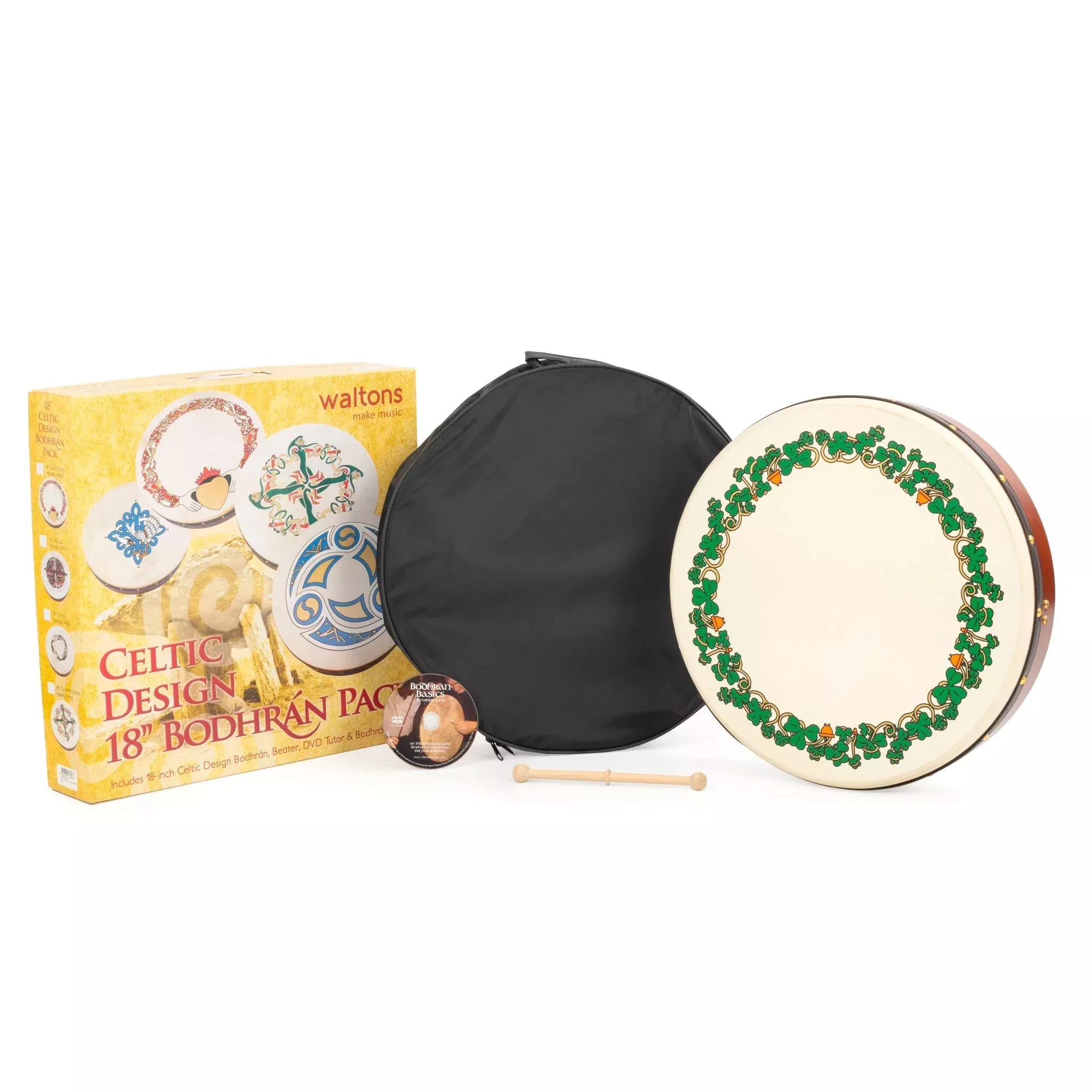 Percussion Plus bodhran 18″ Shamrock design with bag, tipper and DVD (PP1121)