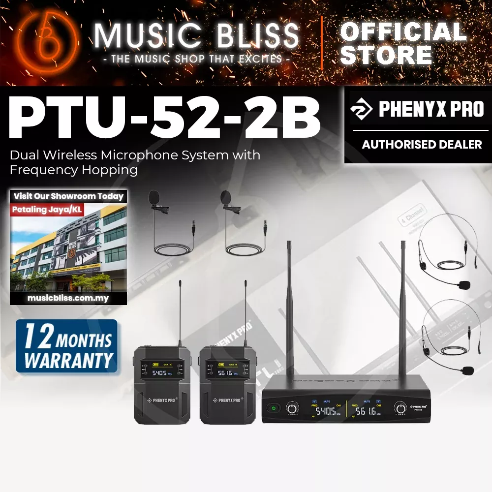 Phenyx Pro PTU-52-2B Wireless Microphone System Dual Wireless Mic Set with Bodypacks Headsets/Lapel Microphones
