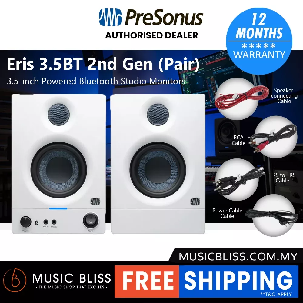 PreSonus Eris 3.5BT (2nd Generation) 3.5-inch Powered Bluetooth Studio Monitors, Active Monitor Speakers for Desktop, Turntable, Record Player, Bookshelf, DJ Speakers – Pair