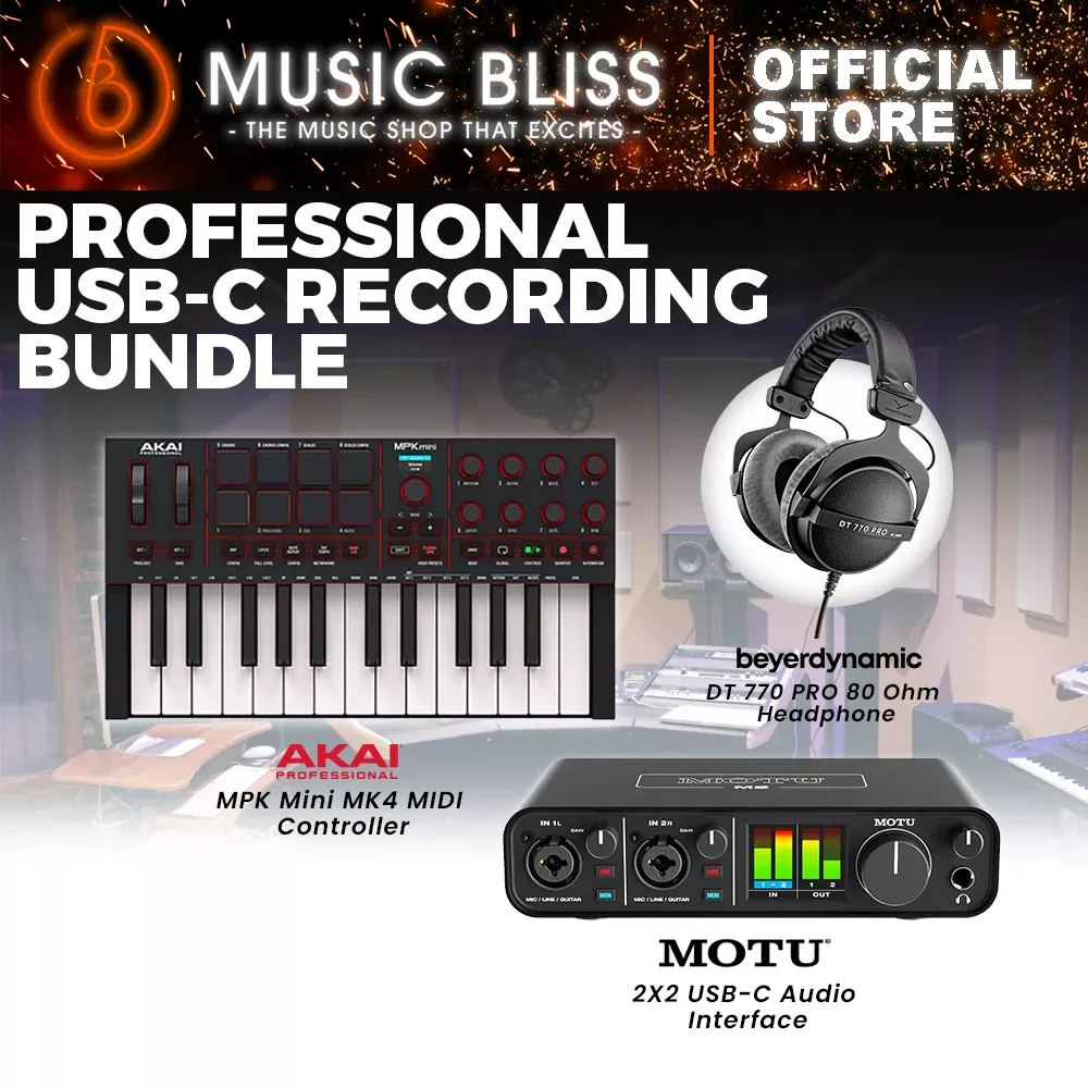 PROFESSIONAL USB-C RECORDING BUNDLE: Motu M2 Audio Interface, Beyerdynamic DT 770 PRO Professional Monitoring Headphones, AKAI MPK Mini MK4 Midi Controller