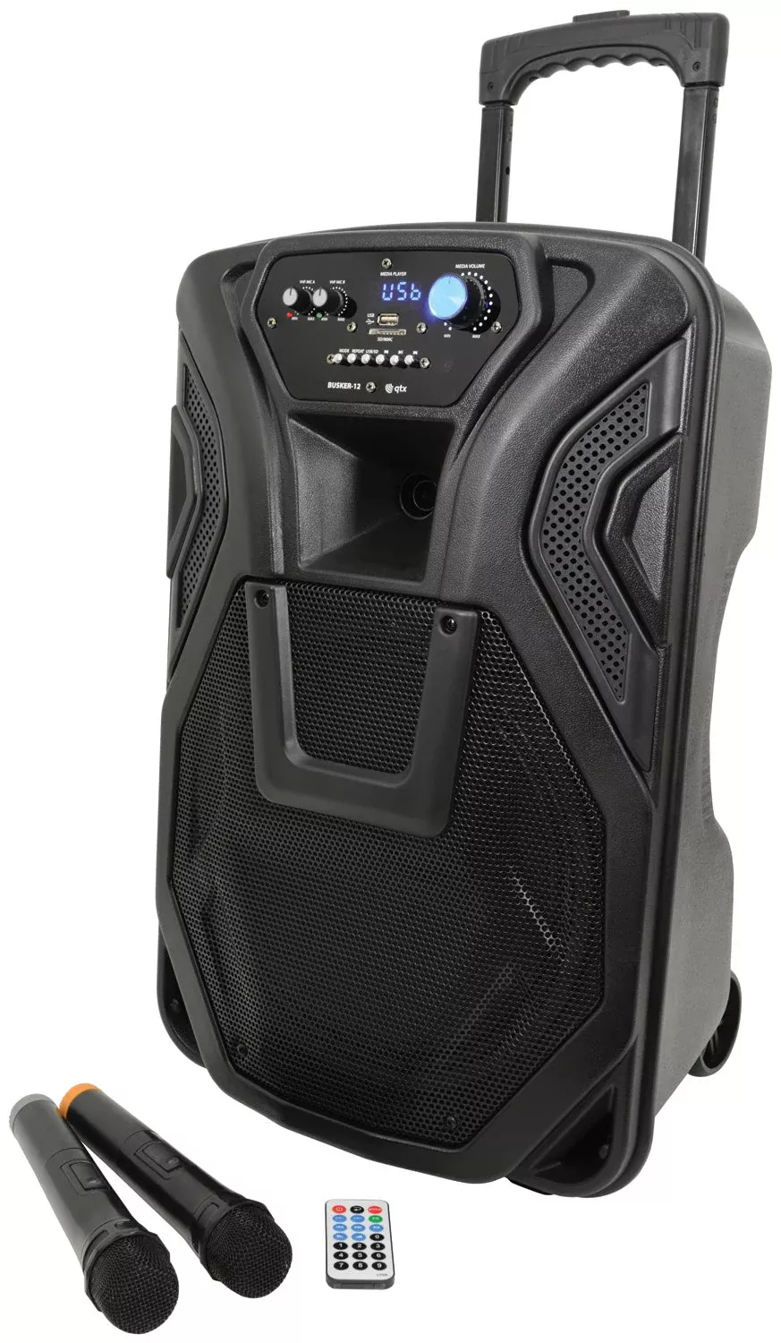 QTX Busker-12 12″ Portable PA System with 2 VHF Wireless Microphones (178.866UK)