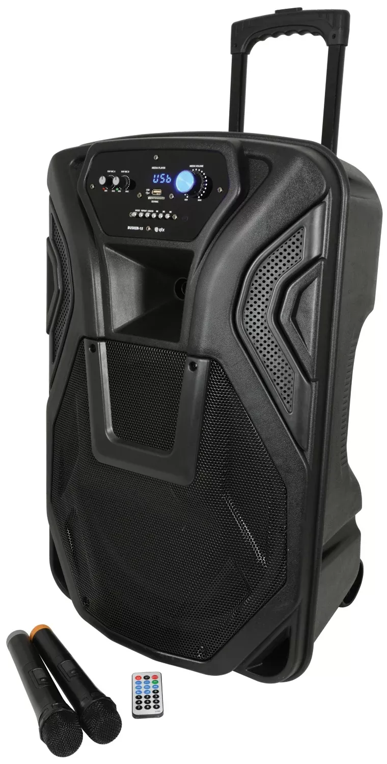 QTX Busker PA with VHF Mics & Media Player – BUSKER-15