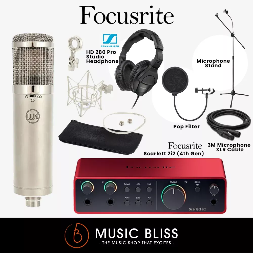 Recording Studio Set/Bundle: Focusrite Scarlett 2i2 (4th Gen) with Warm Audio WA-47JR, Sennheiser HD280 Pro, Mic cable, Mic Stand and Pop Filter