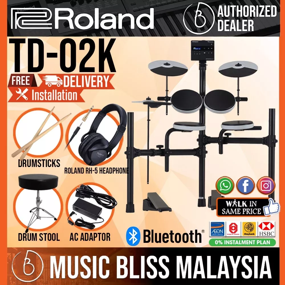 Roland TD-02K V-Drums Electronic Drum Set with RH-5 Headphone, Drum Throne and Drumsticks