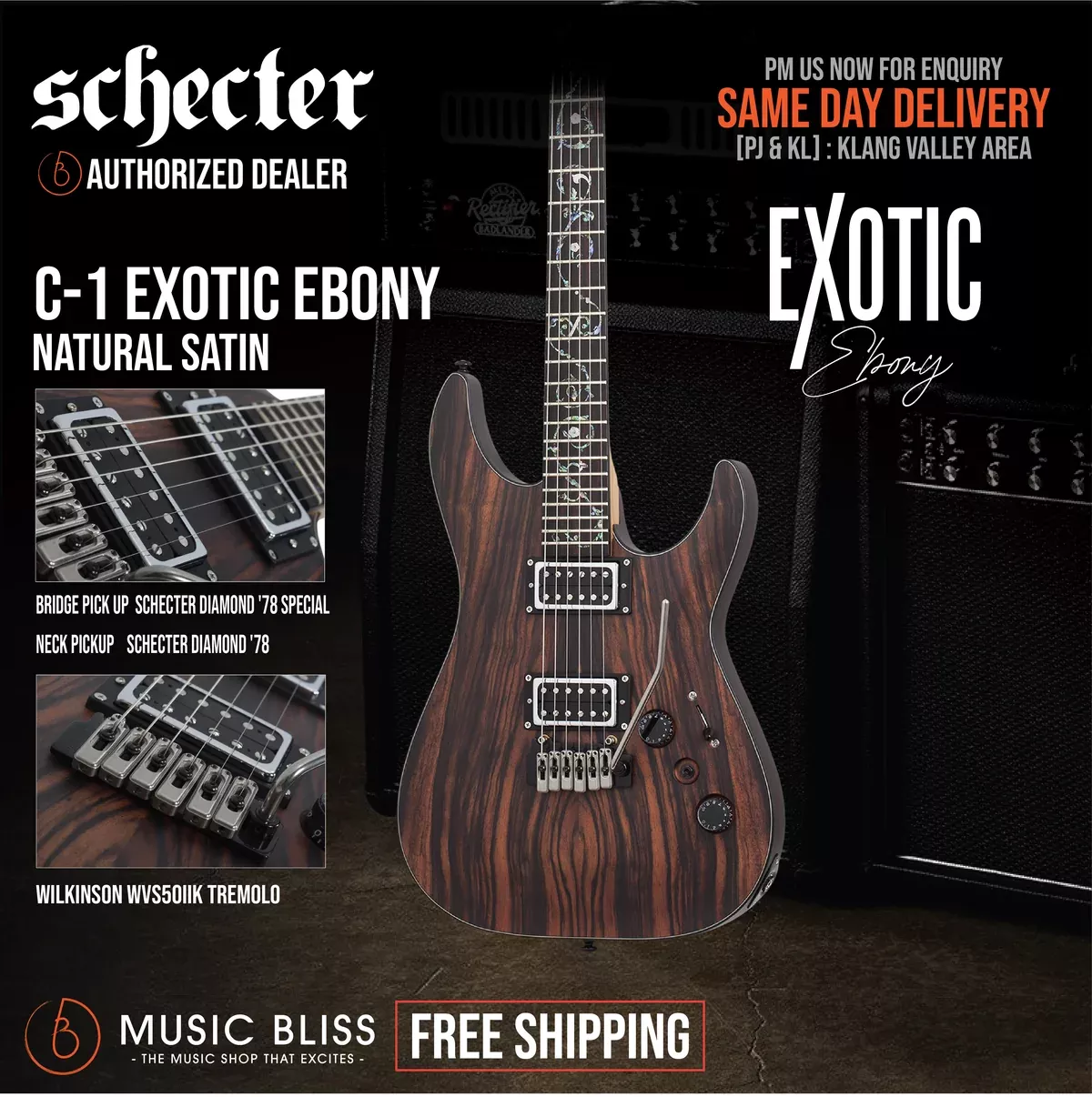 Schecter C-1 Exotic Ebony Electric Guitar – Natural Satin