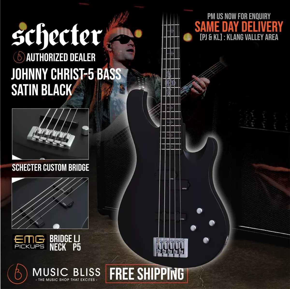 Schecter Johnny Christ-5 Bass Guitar – Satin Black