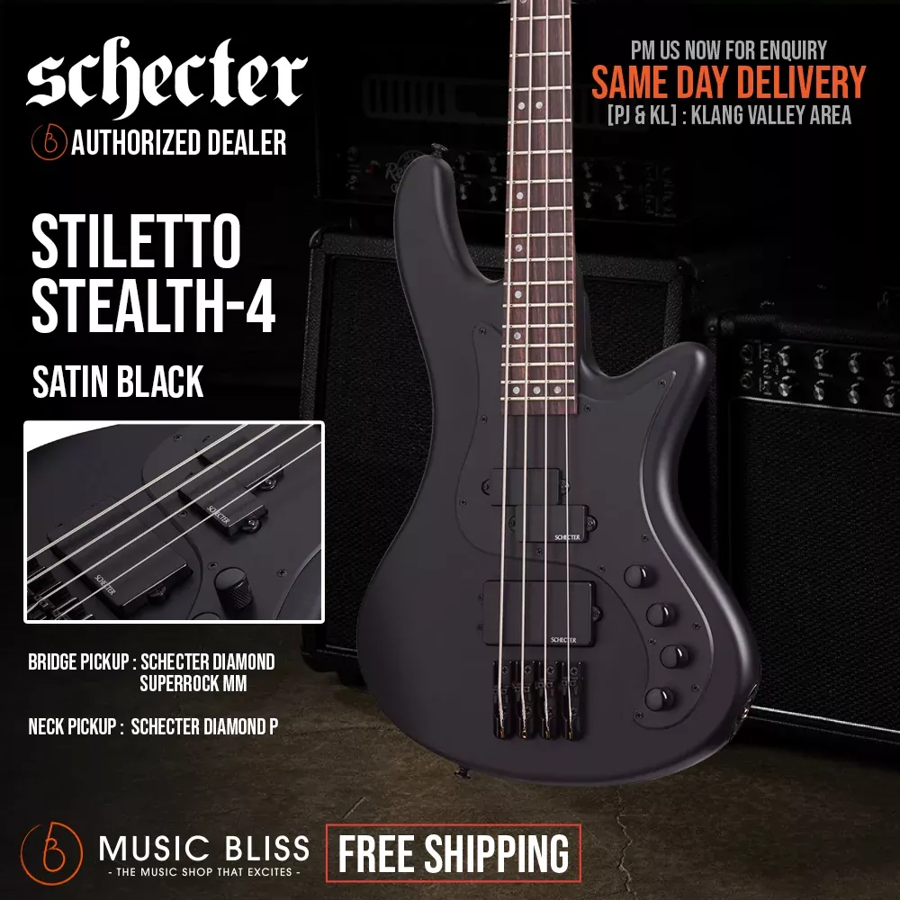 Schecter Stiletto Stealth 4 Bass Guitar – Satin Black