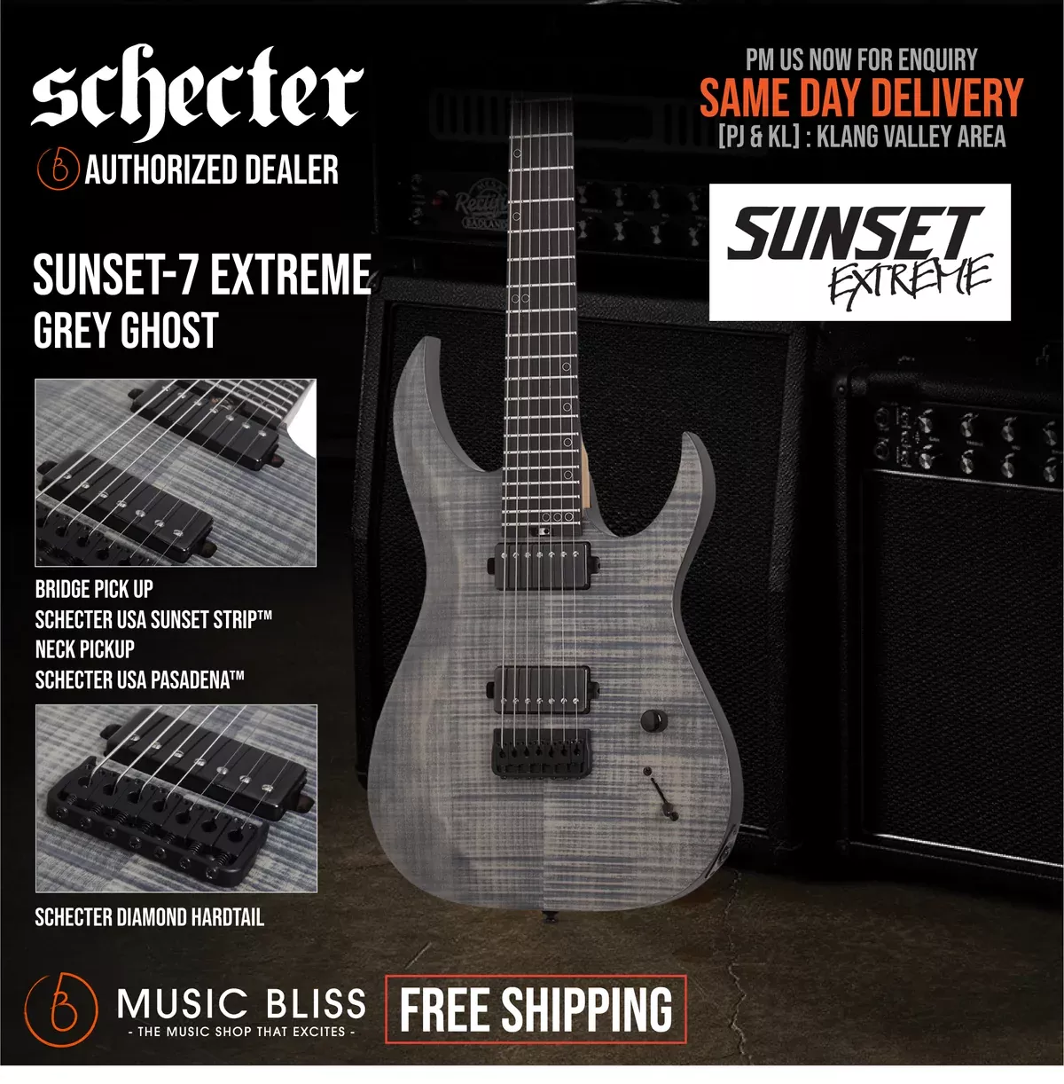 Schecter Sunset-7 Extreme 7-string Baritone Electric Guitar – Grey Ghost