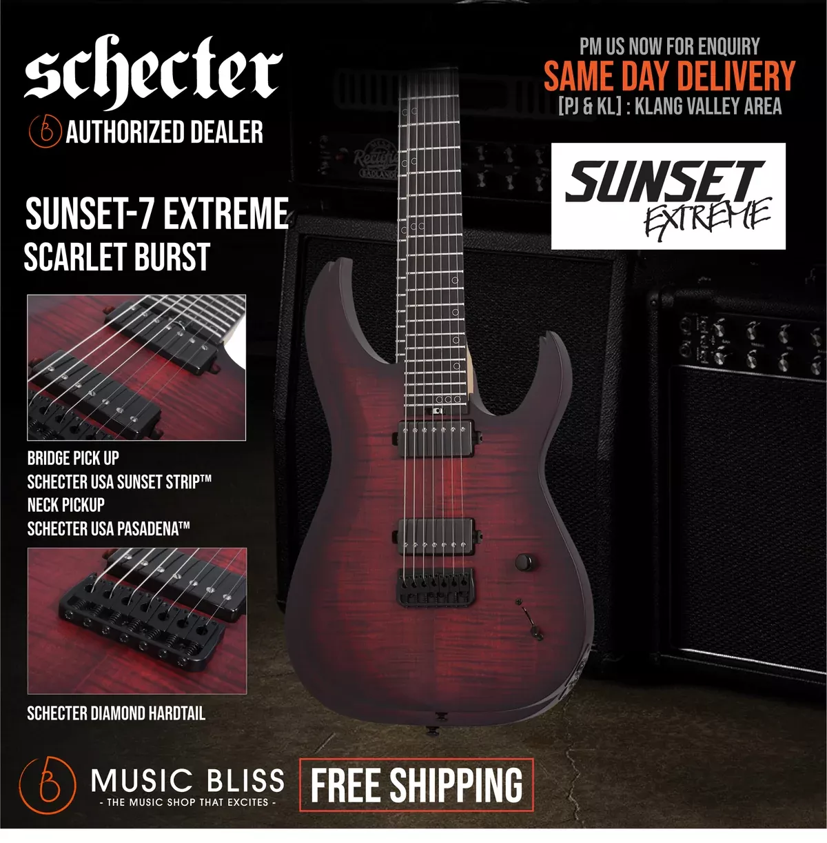 Schecter Sunset-7 Extreme 7-string Baritone Electric Guitar – Scarlet Burst