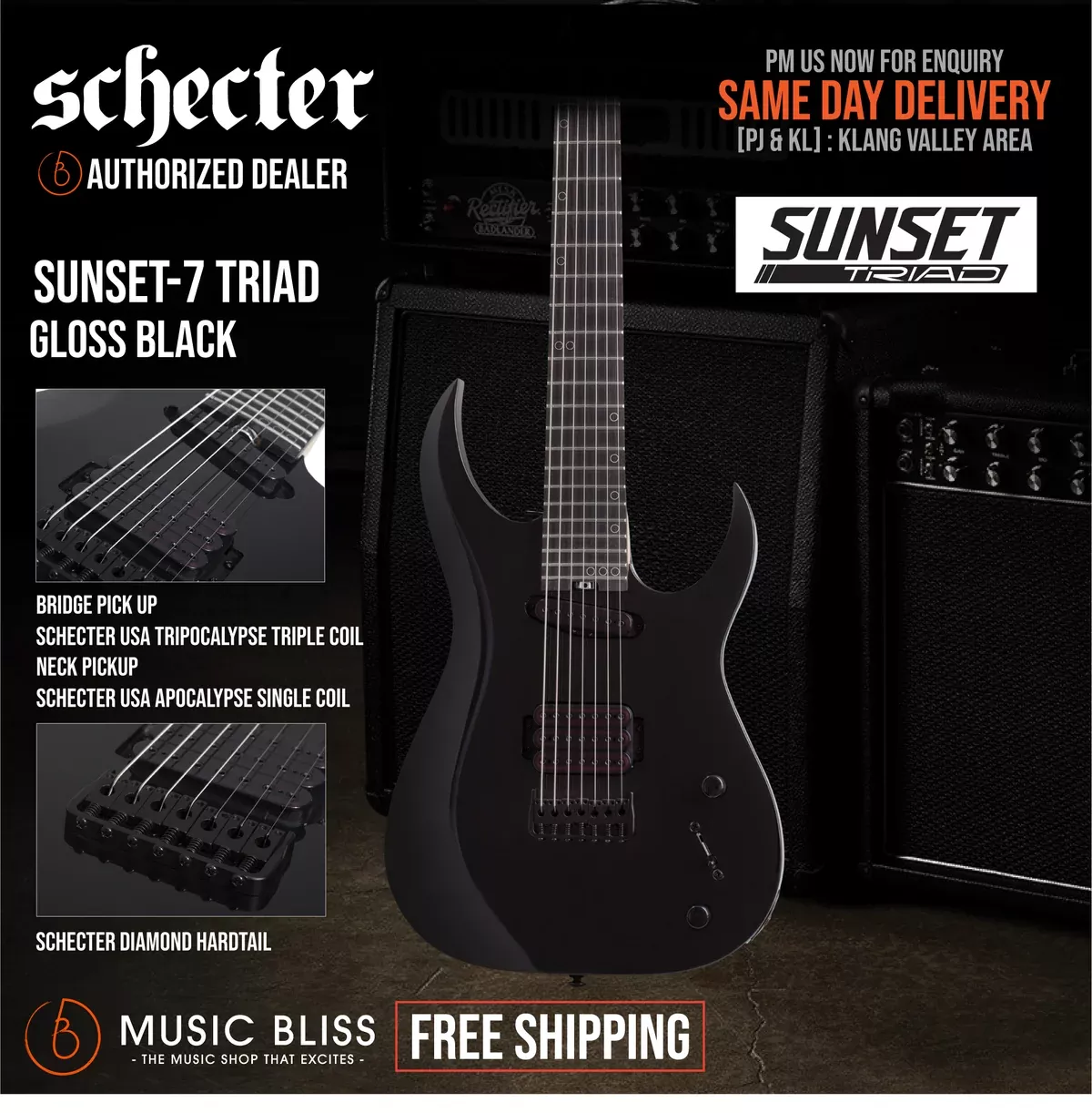 Schecter Sunset-7 Triad 7-string Baritone Electric Guitar – Gloss Black