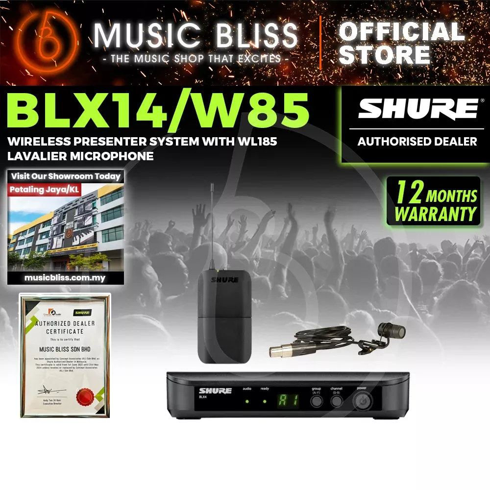 Shure BLX14/W85 Wireless Presenter System, BLX4 Receiver, BLX1 Bodypack Transmitter & WL185 Lavalier Microphone
