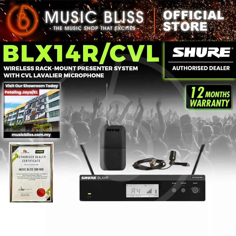 Shure BLX14R/CVL Wireless Rack-mount Presenter System, BLX4R Wireless Receiver, BLX1 Bodypack Transmitter & CVL Lavalier Microphone