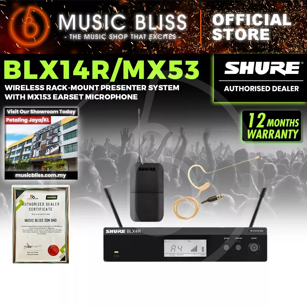 Shure BLX14R/MX53 Wireless System, BLX4R Wireless Receiver, MLX1 Bodypack Transmitter & MX153 Omnidirectional Earset Mic