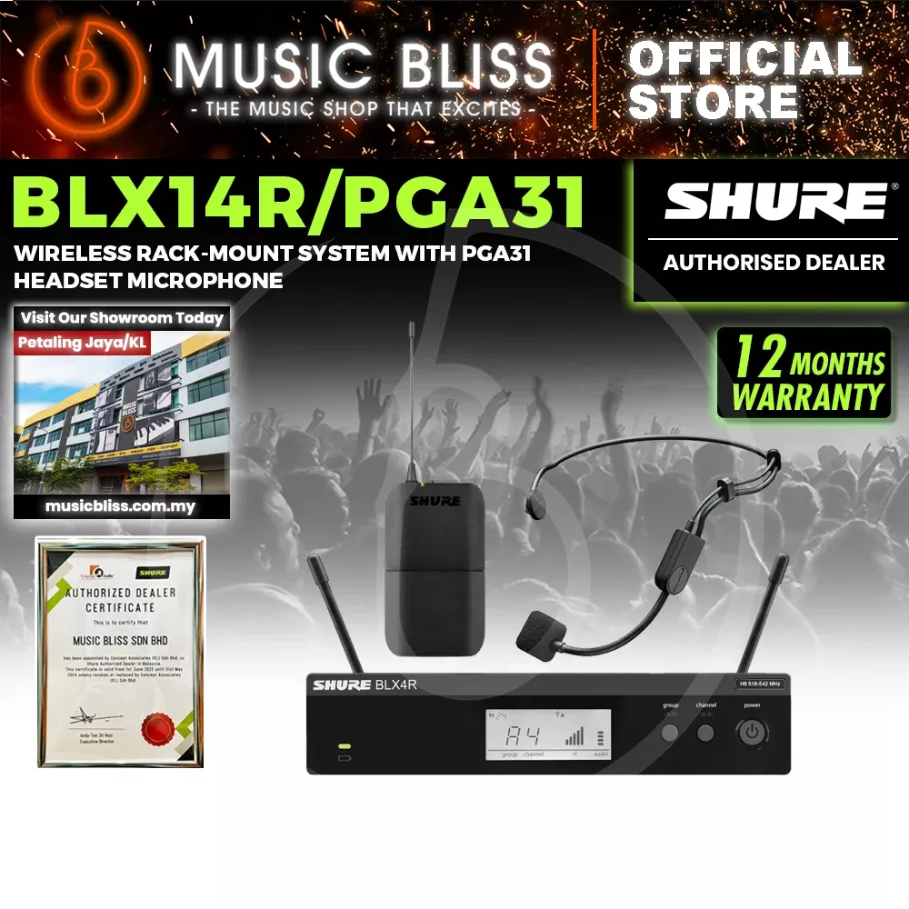 Shure BLX14R/P31 Headworn Wireless Microphone System, BLX4R Wireless Receiver, BLX1 Bodypack Transmitter & PGA31 Headset Microphone