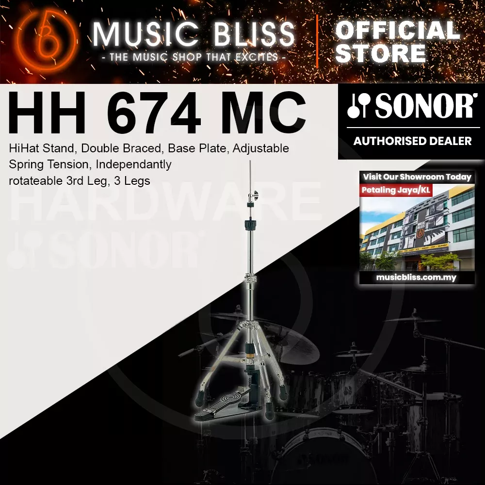 Sonor HH 674 MC HiHat Stand, Double Braced, Base Plate, Adjustable Spring Tension, Independantly rotateable 3rd Leg, 3 Legs
