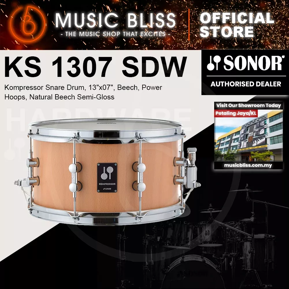Sonor Kompressor Snare Drum, 13″x07″, Beech, Power Hoops, Natural Beech Semi-Gloss