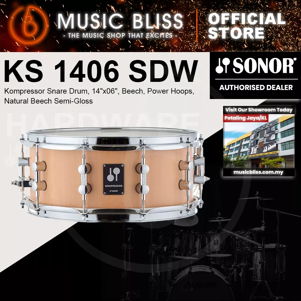 Sonor Kompressor Snare Drum, 14″x06″, Beech, Power Hoops, Natural Beech Semi-Gloss