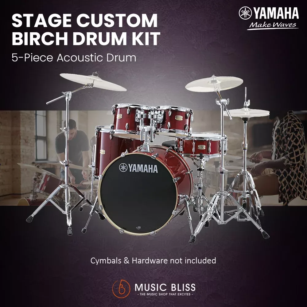 Yamaha Stage Custom Birch Shell Pack with Cymbal Set and Hardware Pack – 22″ Kick – Cranberry Red