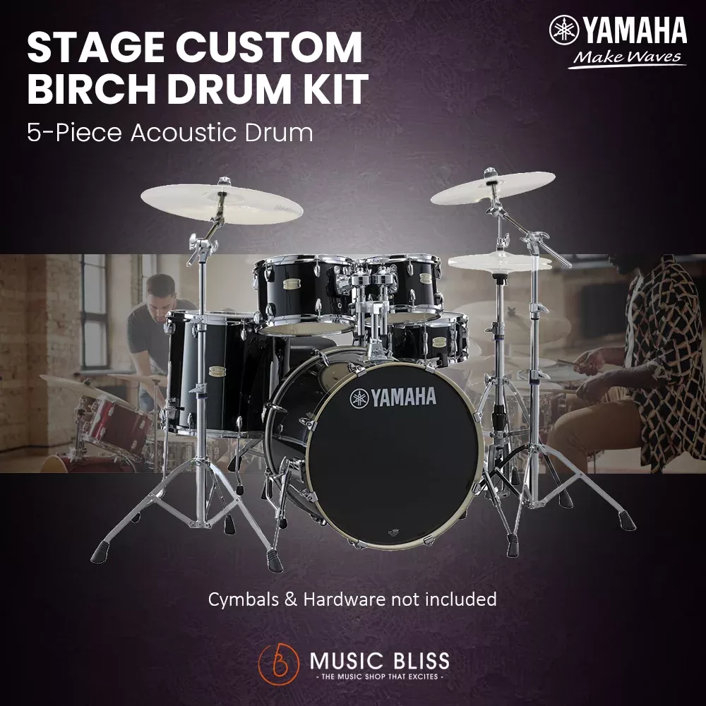 Yamaha Stage Custom Birch Shell Pack with Cymbal Set and Hardware Pack – 22″ Kick – Raven Black
